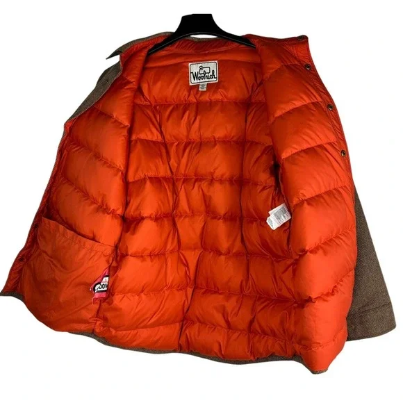 Woolrich 550 Fill Down Herringbone Wool Blend Barn Coat Jacket Mens Large Brown - Picture 6 of 15